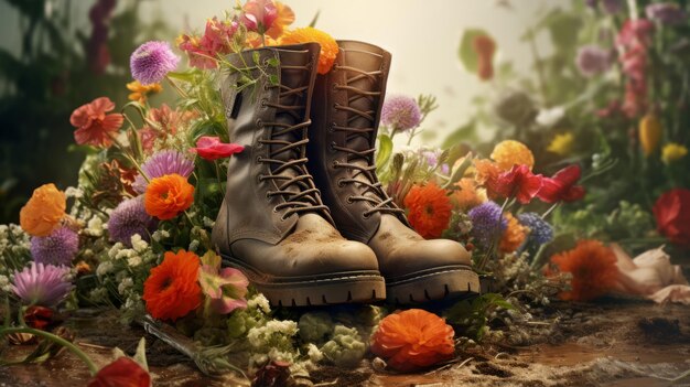 Illustration of a pair of boots on a vibrant field of colorful flowers