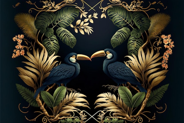 Photo illustration of a pair of cormorants on a tropical floral background