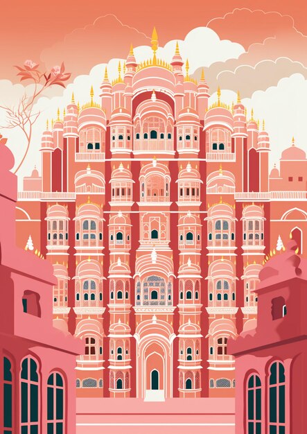 illustration of a palace with a clock tower in the middle of it generative ai