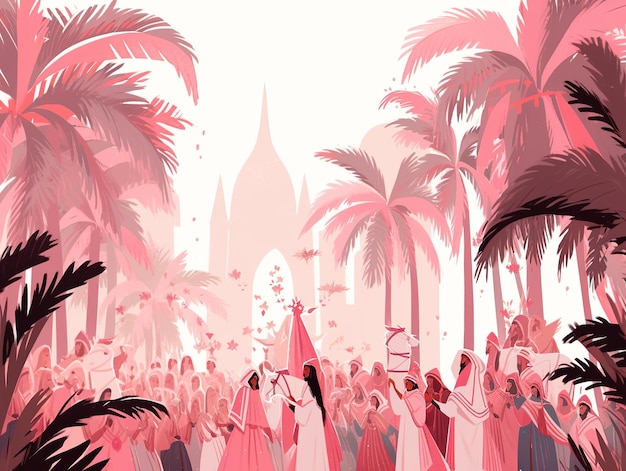 иллюстрация Пальмовое воскресенье в розовом цвете