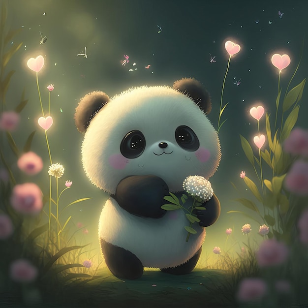 Иллюстрация панда сидит с цветами в детском стиле сказка Generative AIxAxA