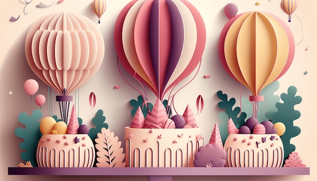 생일 케이크가 있는 종이 컷 디자인의 삽화 Generative AI