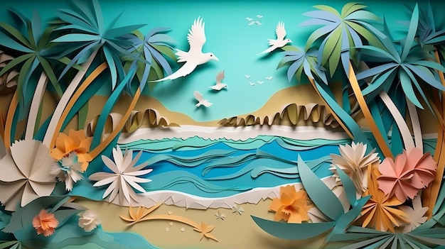 Illustration of a paper landscape inspired by a tropical paradise with origami birds and beach with palm treas