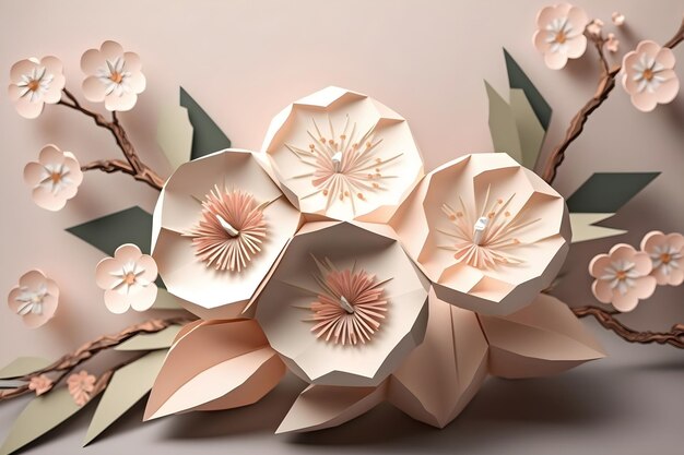 Иллюстрация бумажных розовых цветов японской вишни сакуры оригами Generative AI 1