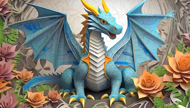 illustration paper quilling a majestic ancient fantasy dragon sitting