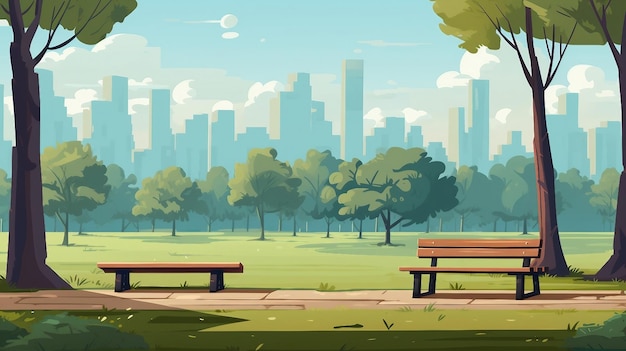 An illustration of park bench and trees in the city park AI Generated