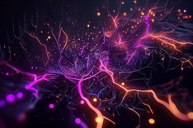 Illustration of particles and neurons communication impulses in neon color AI