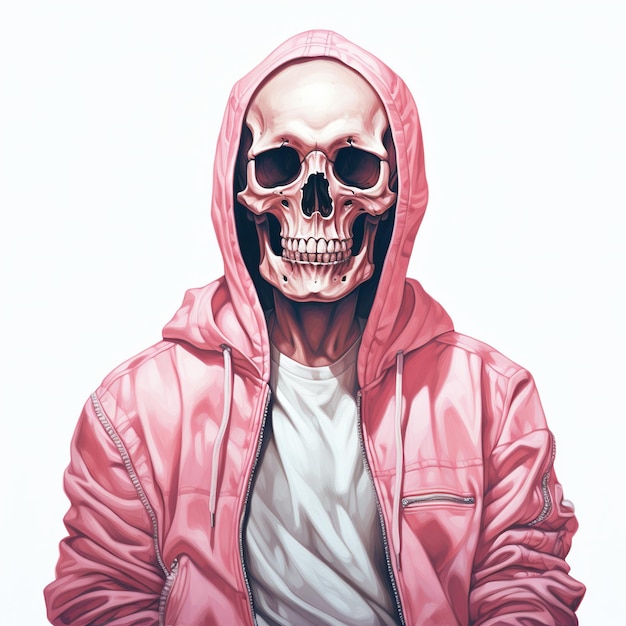 illustration of pastel color a drawing of a skeleton in a pink jacke