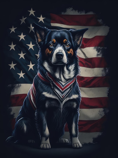 Illustration of a patriotic black and white dog sitting proudly in front of the American flag