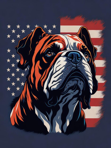 Illustration of a patriotic dog with an American flag backdrop