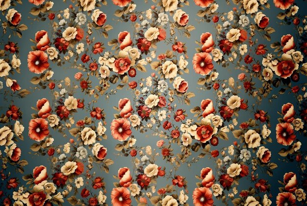 Photo illustration of a pattern of roses and flowers on a gray background in vintage style