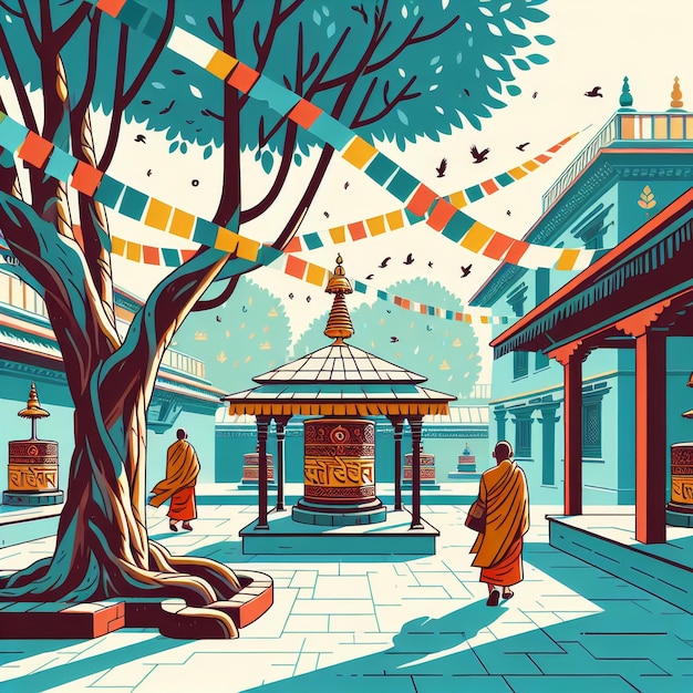 illustration of a peaceful courtyard within a Nepali temple featuring a Bodhi tree with fluttering