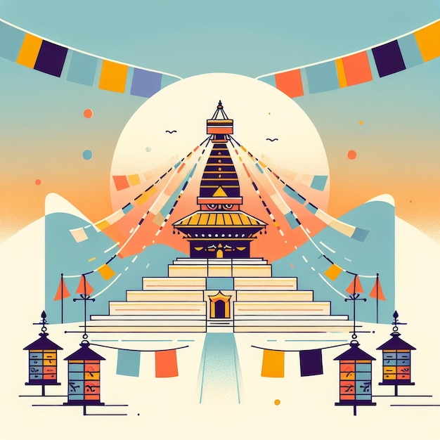 illustration of a peaceful courtyard within a Nepali temple featuring a Bodhi tree with fluttering