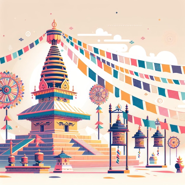 ネパールの寺院内にある平和な庭のイラストで波打つボディの木が描かれています