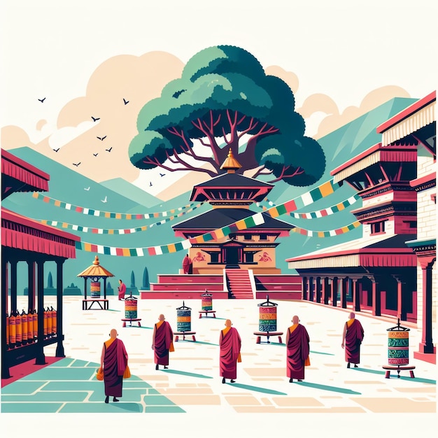 illustration of a peaceful courtyard within a Nepali temple featuring a Bodhi tree with fluttering