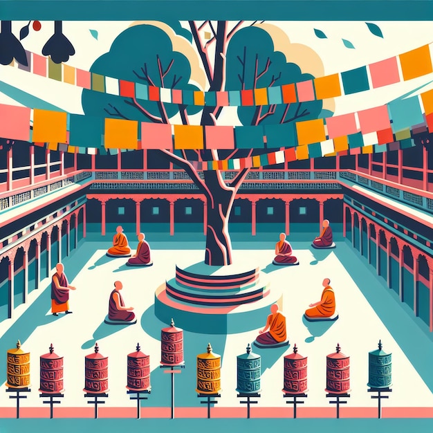 illustration of a peaceful courtyard within a Nepali temple featuring a Bodhi tree with fluttering