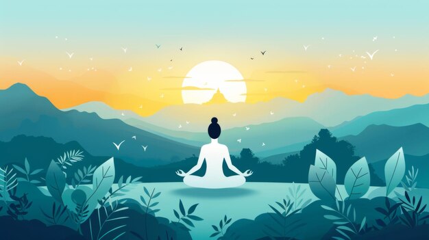 Photo illustration of a peaceful meditation scene at sunrise in a tranquil mountain landscape