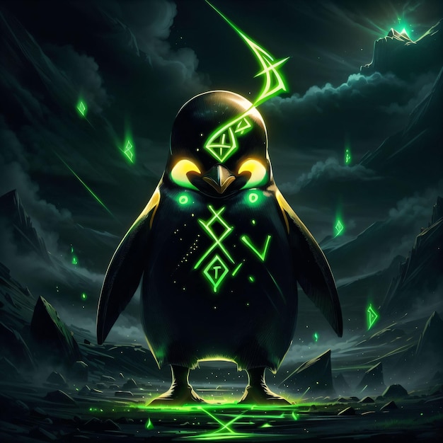 illustration of a penguin with glowing green runes