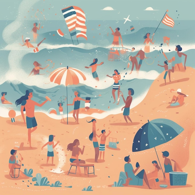 Иллюстрация людей на пляже со сценой на пляже и надписью «лето» внизу.