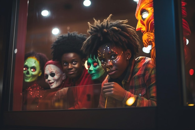 Иллюстрация людей, одетых в страшные костюмы, покупающих украшения на Хэллоуин