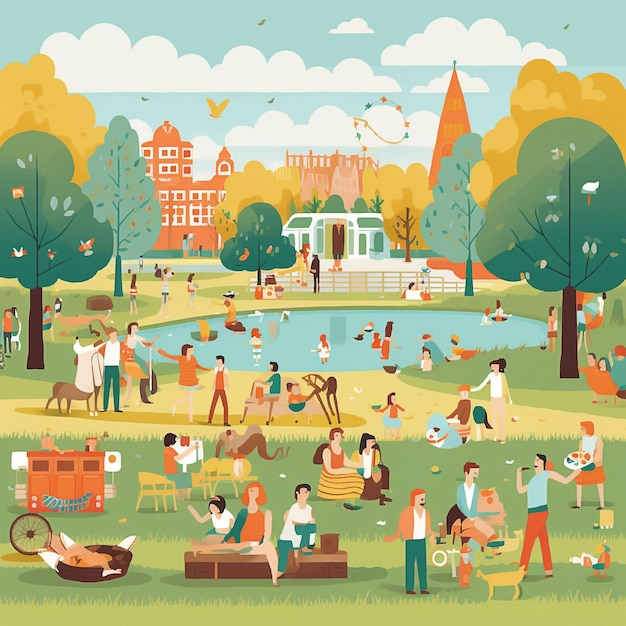 Illustration of people in a park with a lake in the background