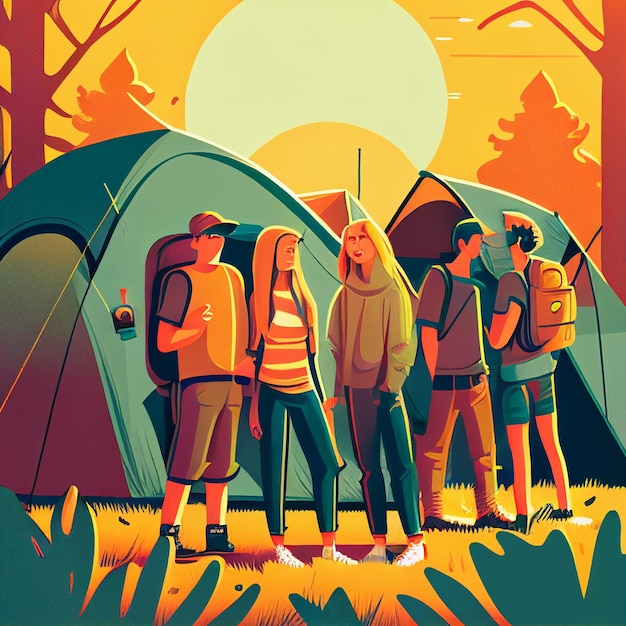Photo an illustration of people standing in front of a tent with the sun behind them.