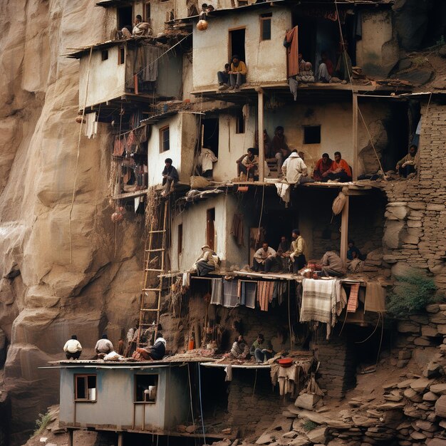 illustration of people on a steep mountainside cramped living quarte