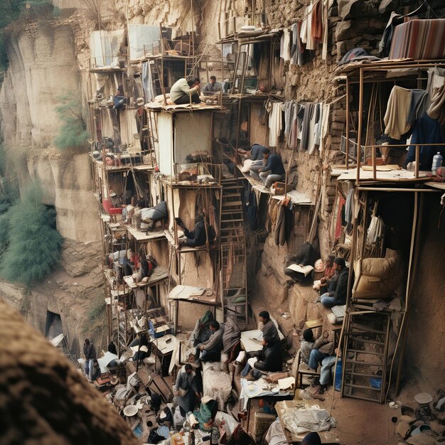 Photo illustration of people on a steep mountainside cramped living quarte