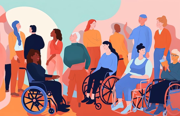 Foto illustrazione di persone in sedia a rotelle che si sono riunite per sostenersi a vicenda