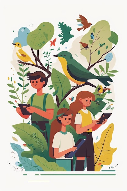 An illustration of people with a bird on the background