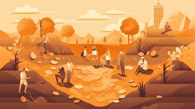 An illustration of people working on a rock.