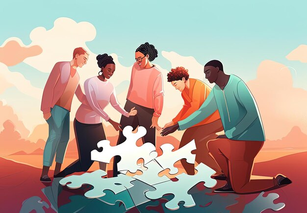 Illustration of people working together to finish a puzzle in the style of black arts movement