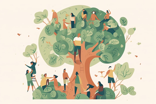 Illustration of people working on a tree