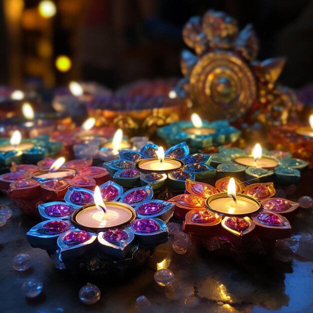 illustration of Perfectly lighted Diyas with Perfect diwali cracke