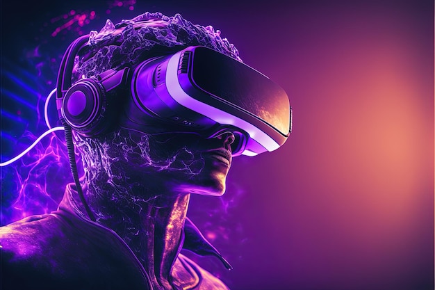 Photo illustration of person from the future with virtual reality glasses connected to the metaverse. gene