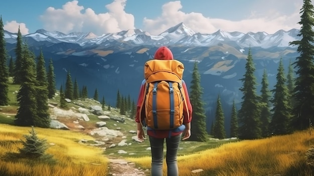Иллюстрация человека, идущего в гору с рюкзаком