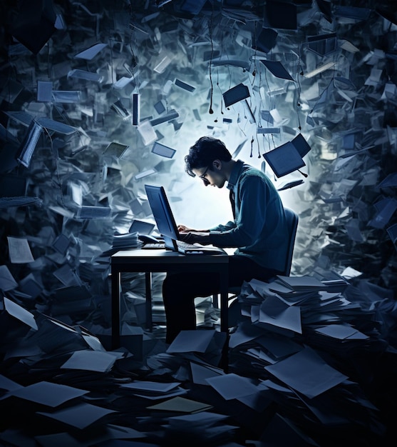 An illustration of a person at his desk with paper flying