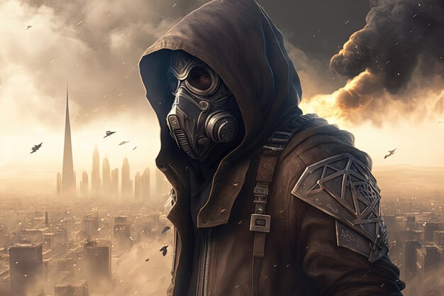 Illustration of a person in a hood and gas mask polluted city in the background Generative AI