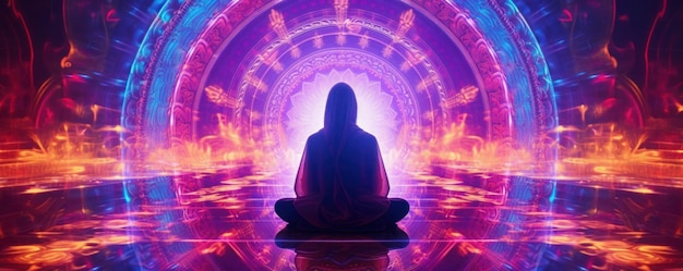 Photo illustration of a person meditating on a bright background