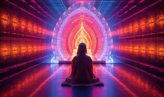Photo illustration of a person meditating on a bright fairytale background