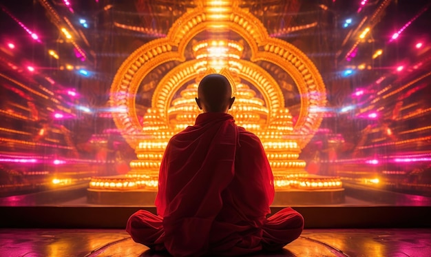 Illustration of a person meditating on a bright fairytale background