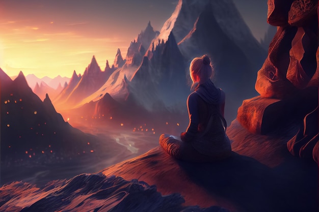 Illustration of person meditating on top of mountains at sunset ai