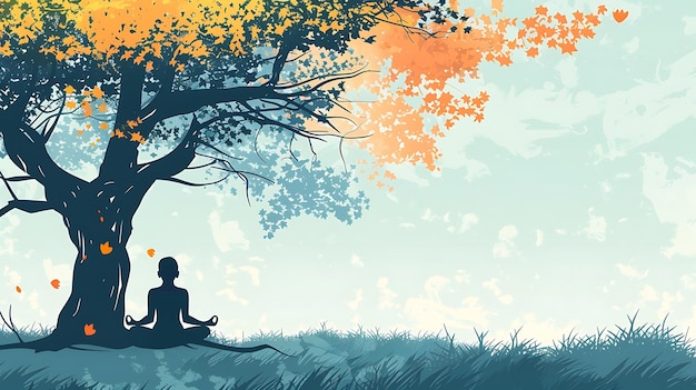 An illustration of a person meditating under a tree The tree has orange leaves The person is sitting in a lotus position with their eyes closed