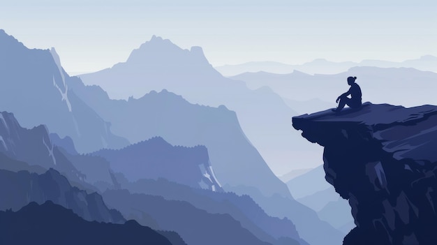 Photo illustration of a person sitting on the edge of a cliff atop a mountain wonder and adventure