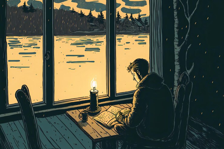 Illustration of a person sitting in front of a large window with a view of a lake