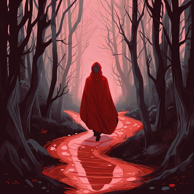 an illustration of a person wearing a cape in a forest in the style of dark compositions