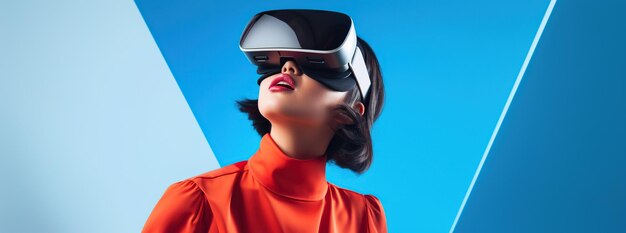 Foto illustrazione di una persona che indossa un visore vr per realtà virtuale creato come opera d'arte generativa utilizzando l'intelligenza artificiale