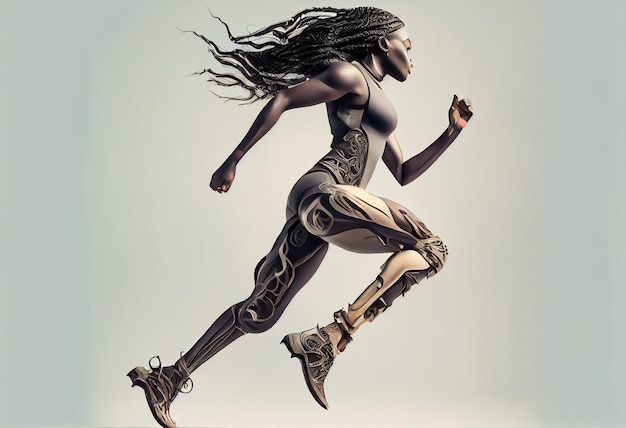 Illustration of person with prosthetic limb running and does not feel obstacles in path AI