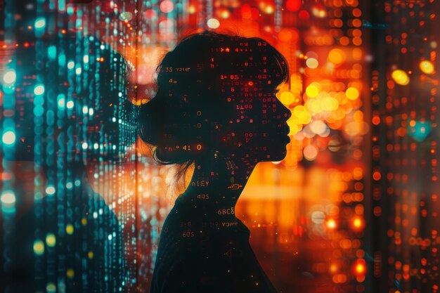 Foto illustrazione di una silhouette di persona riempita di visualizzazioni di dati astratti che simboleggiano l'impatto dei big data sulla vita umana