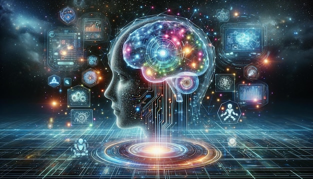 Illustration of a persons head with a glowing brain surrounded by icons